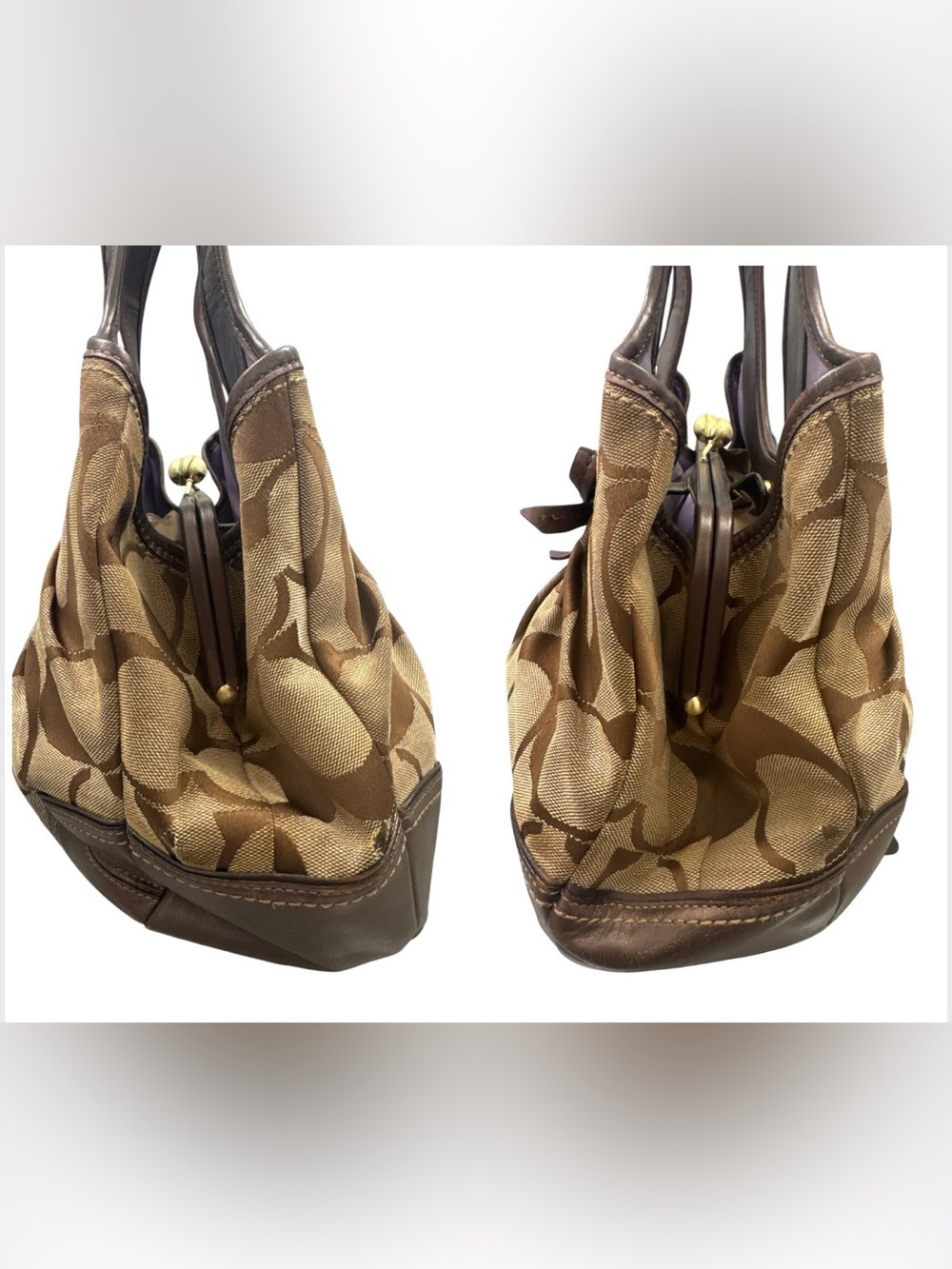 Coach Brown Ergo Pleated Satchel Signature Kisslock Canvas Shoulder Bag **FAIR** - Picture 3 of 16